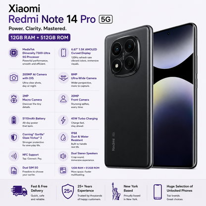 Xiaomi Redmi Note 14 Pro 5G 512GB ROM 12GB RAM Dual SIM GSM Unlocked - Midnight Black