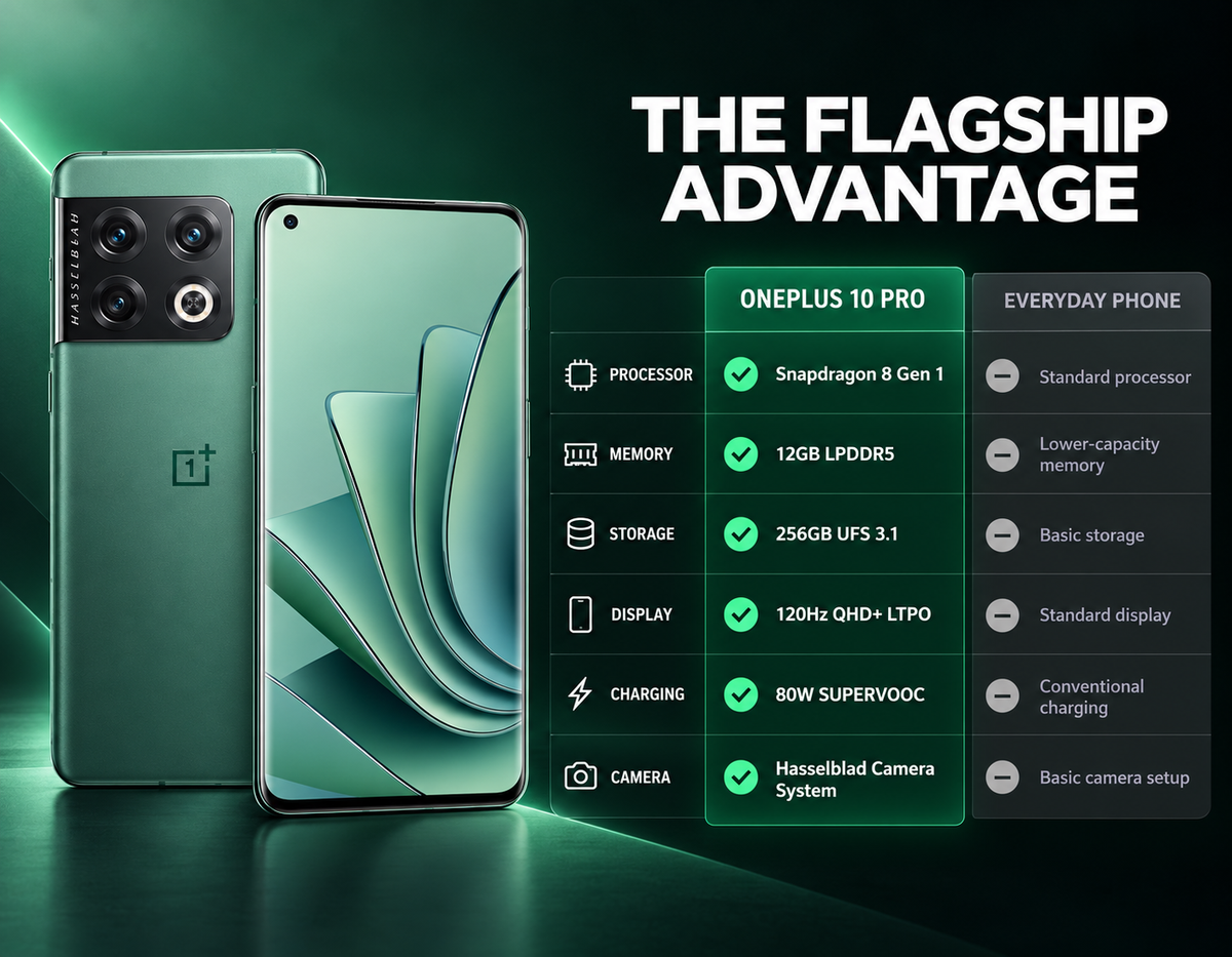 Emerald green OnePlus 10 Pro 5G phone from side view with front screen showing