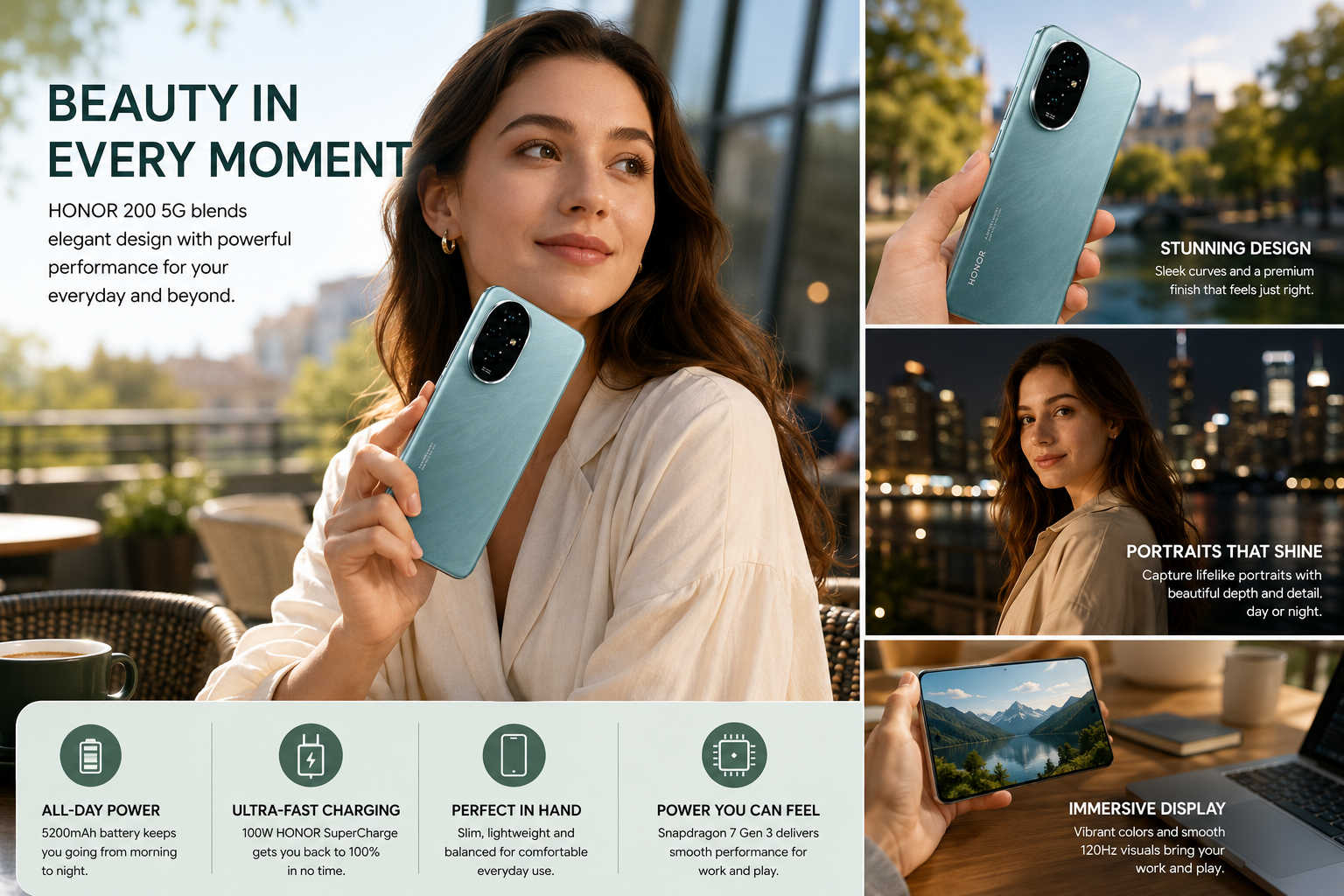 Honor 200 5G smartphone in teal green held in hand, back view with triple cameras