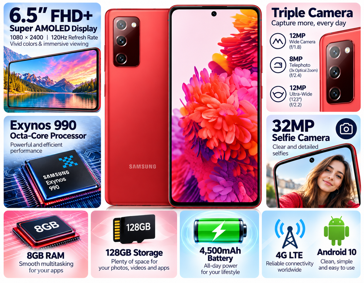 Samsung Galaxy S20 FE Cloud red smartphone showing front screen and red back with triple cameras
