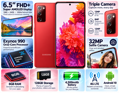 Samsung Galaxy S20 FE Cloud red smartphone showing front screen and red back with triple cameras
