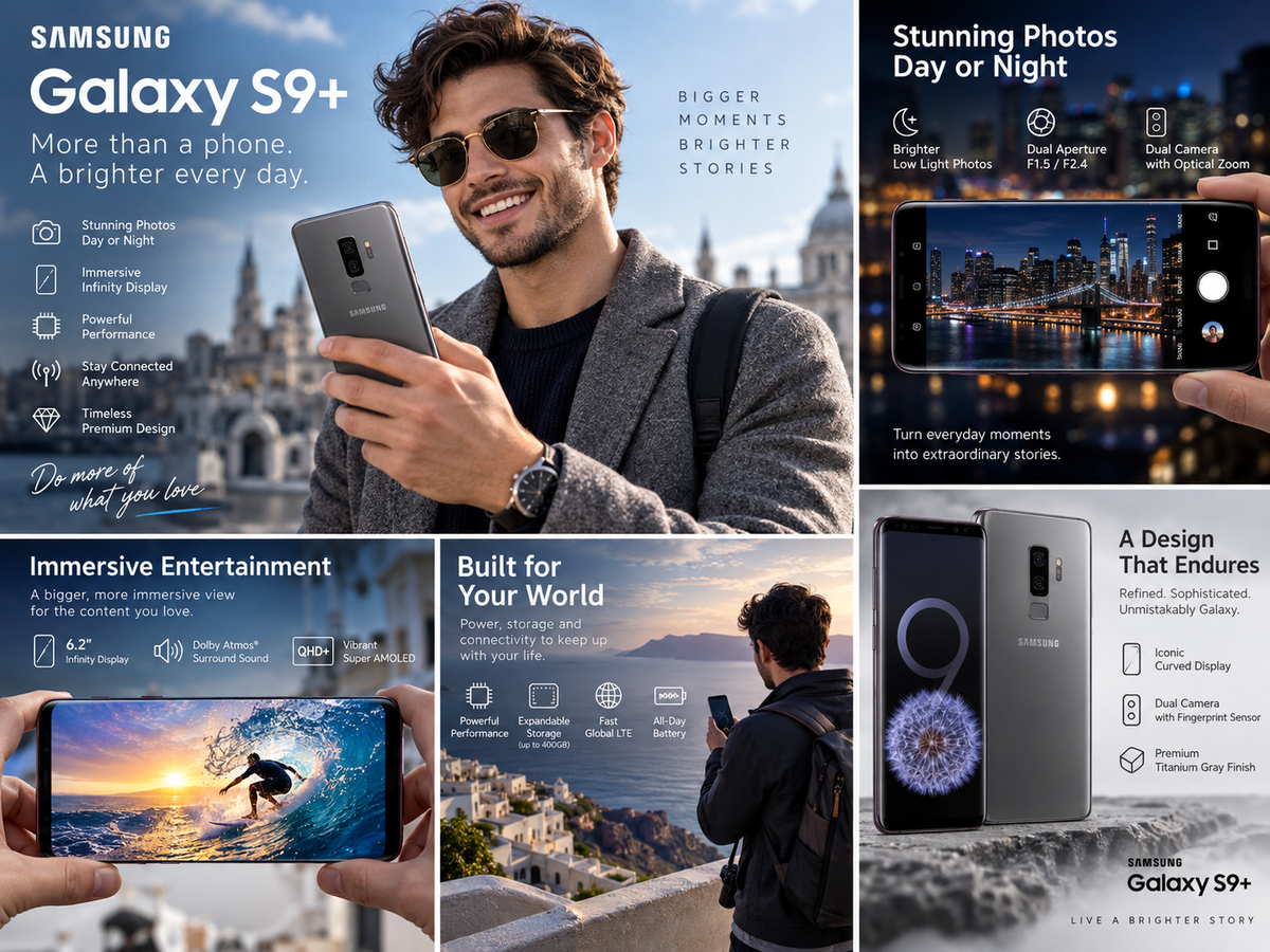 Samsung Galaxy S9+ smartphone shown in titanium gray, front and back near a person
