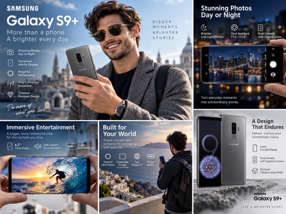 Samsung Galaxy S9+ smartphone shown in titanium gray, front and back near a person