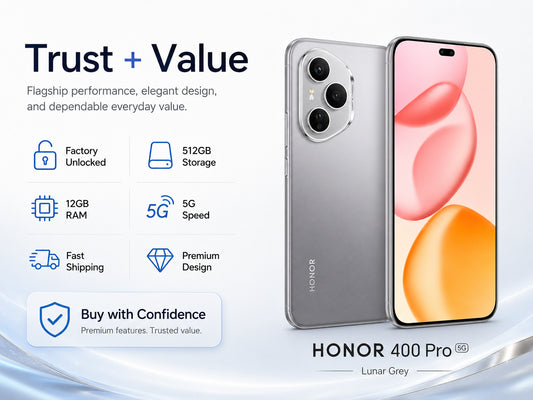 Honor 400 Pro 5G Grey smartphone with triple rear cameras and curved front display