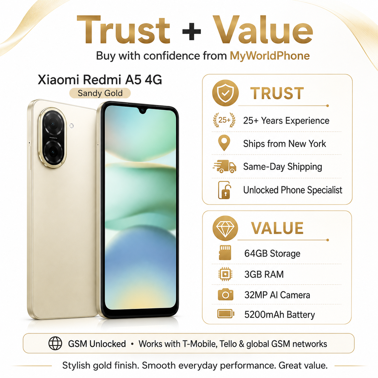 Xiaomi Redmi A5 4G 64GB ROM 3GB RAM Dual SIM GSM Unlocked - Gold