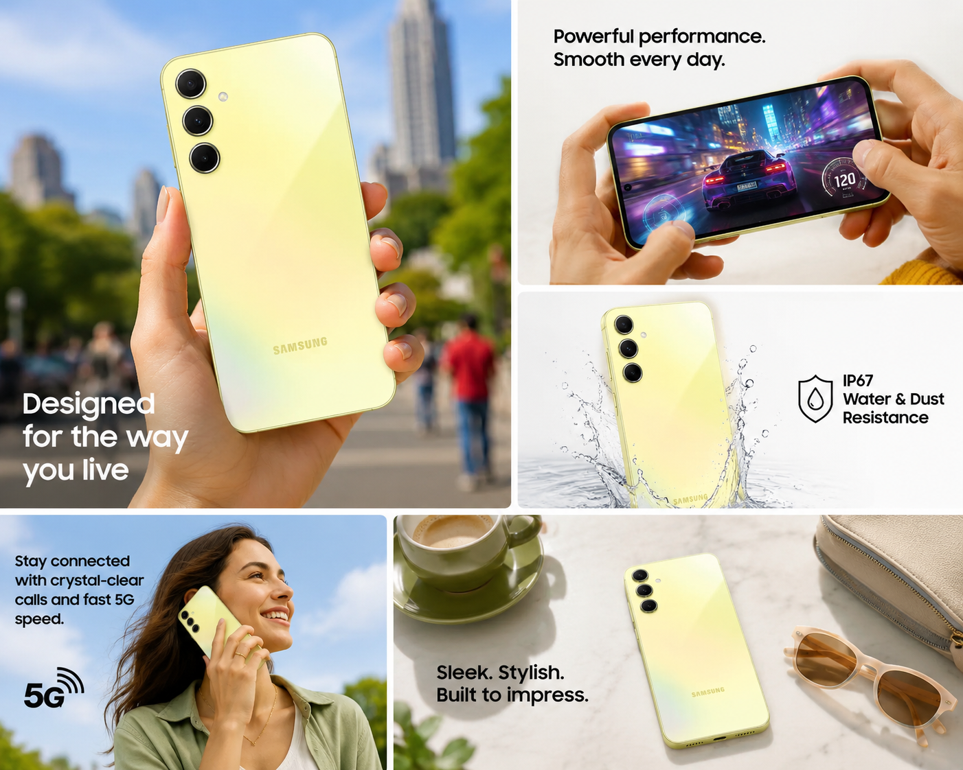 Samsung Galaxy A55 5G smartphone in Awesome Lemon held in hand outdoors