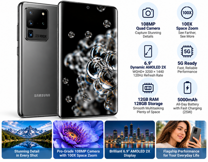 Samsung Galaxy S20 Ultra 5G  Cosmic gray smartphone with front and back views, screen featuring bubble wallpaper