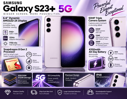 Lavender Galaxy S23+ 5G smartphone front and back view, triple camera array