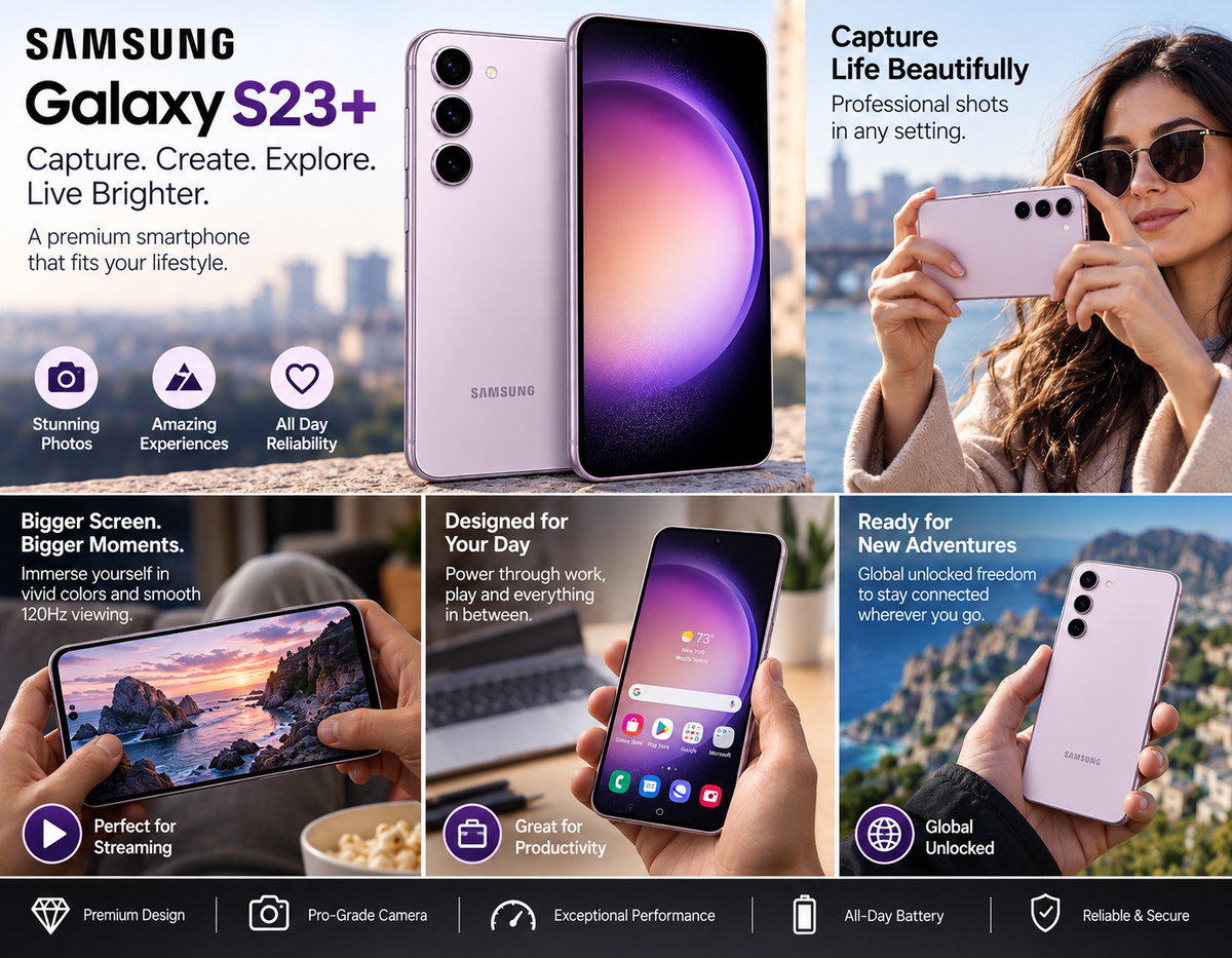 Samsung Galaxy S23 5G Lavender Samsung Galaxy phone shown upright and held up, with triple rear cameras
