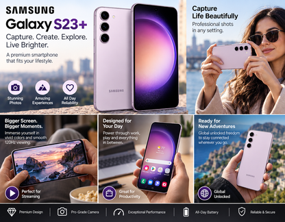 Samsung Galaxy S23 5G Lavender Samsung Galaxy phone shown upright and held up, with triple rear cameras
