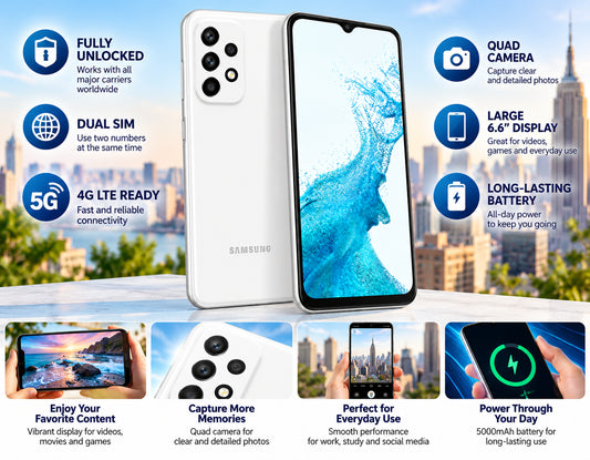 White Samsung Galaxy A23 smartphone front and back with 5G and quad camera callouts