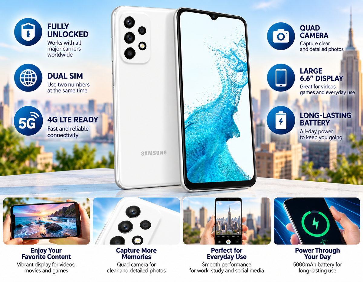 White Samsung Galaxy A23 smartphone front and back with 5G and quad camera callouts