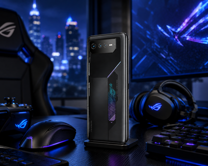 Black ASUS ROG Phone 6 Batman Edition smartphone, rear view with diagonal accent