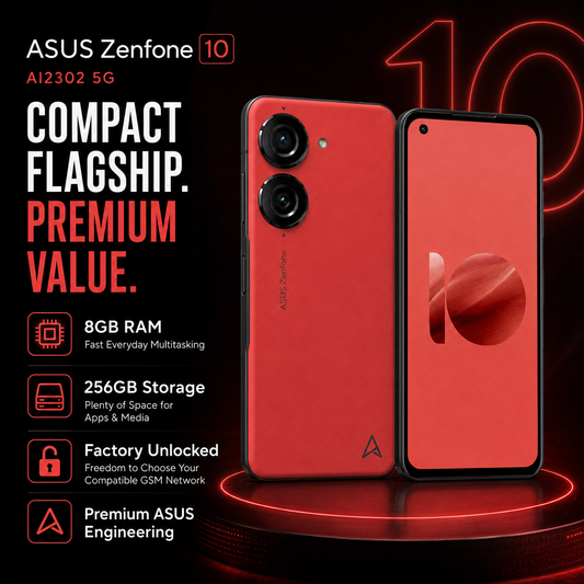 Red ASUS Zenfone 10 smartphone front and back on stand, featuring dual rear cameras and display.