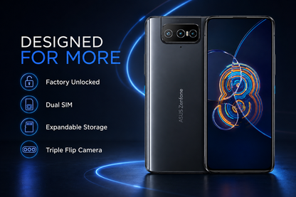 Asus Zenfone 8 Flip Black dual-SIM smartphone shown front and back with triple flip camera module