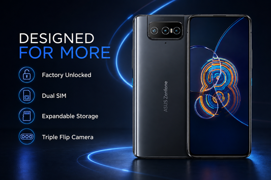 Asus Zenfone 8 Flip Black dual-SIM smartphone shown front and back with triple flip camera module