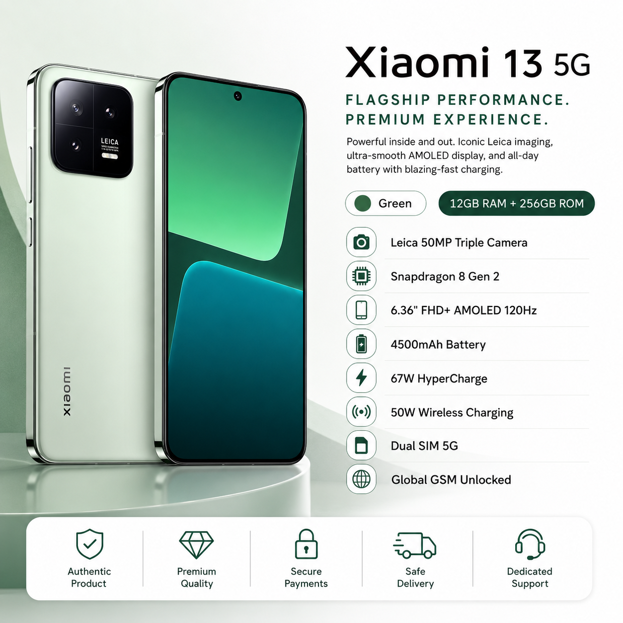 Xiaomi 13 5G Dual SIM 256GB ROM 12GB RAM Global GSM Unlocked - Green