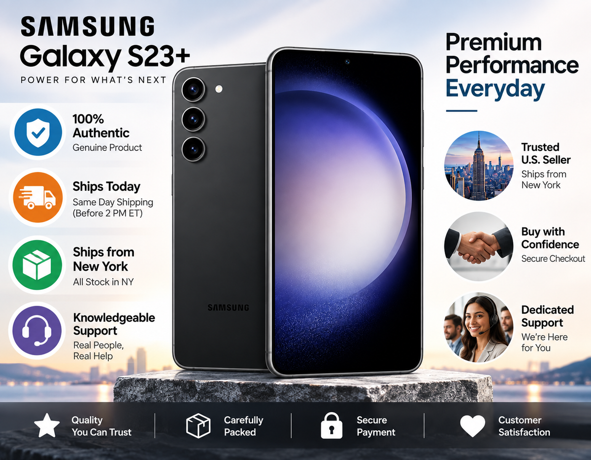 Samsung Galaxy S23+ black smartphone with front and back views on a promotional card