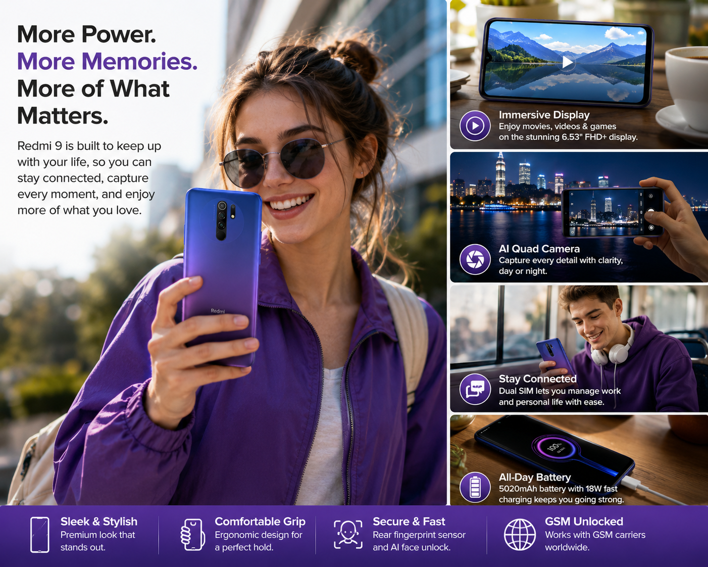 Xiaomi Redmi 9 phone in a hand, sunset purple back visible.