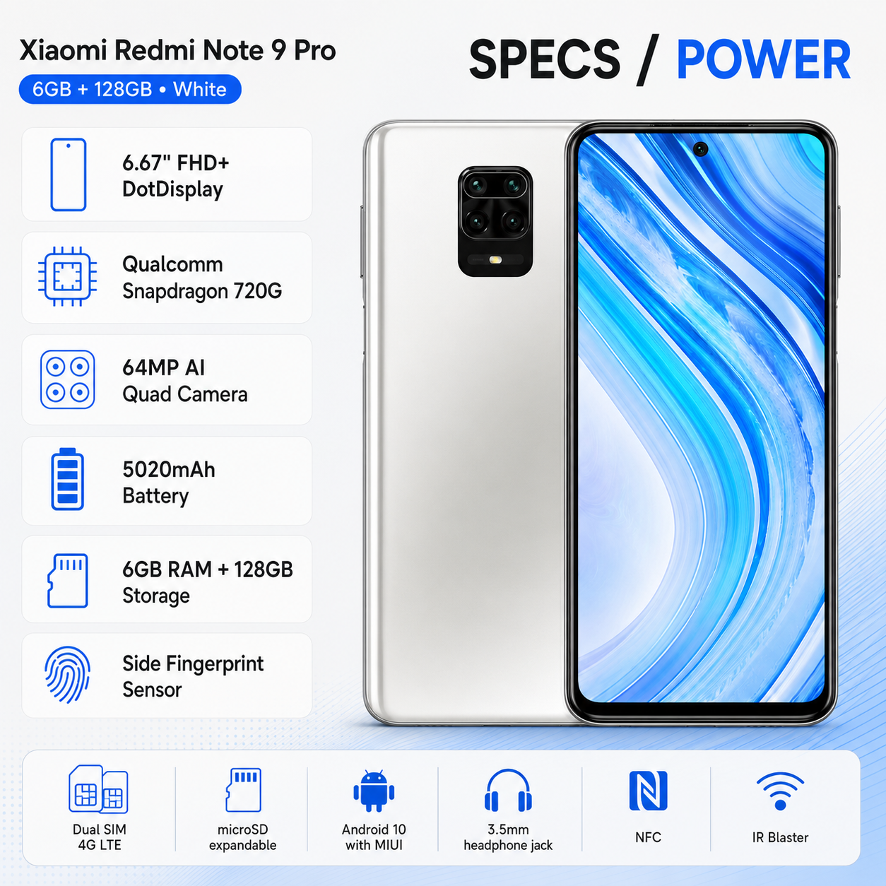 Xiaomi Redmi Note 9 Pro (128GB, 6GB) Dual SIM GSM Unlocked 4G LTE White