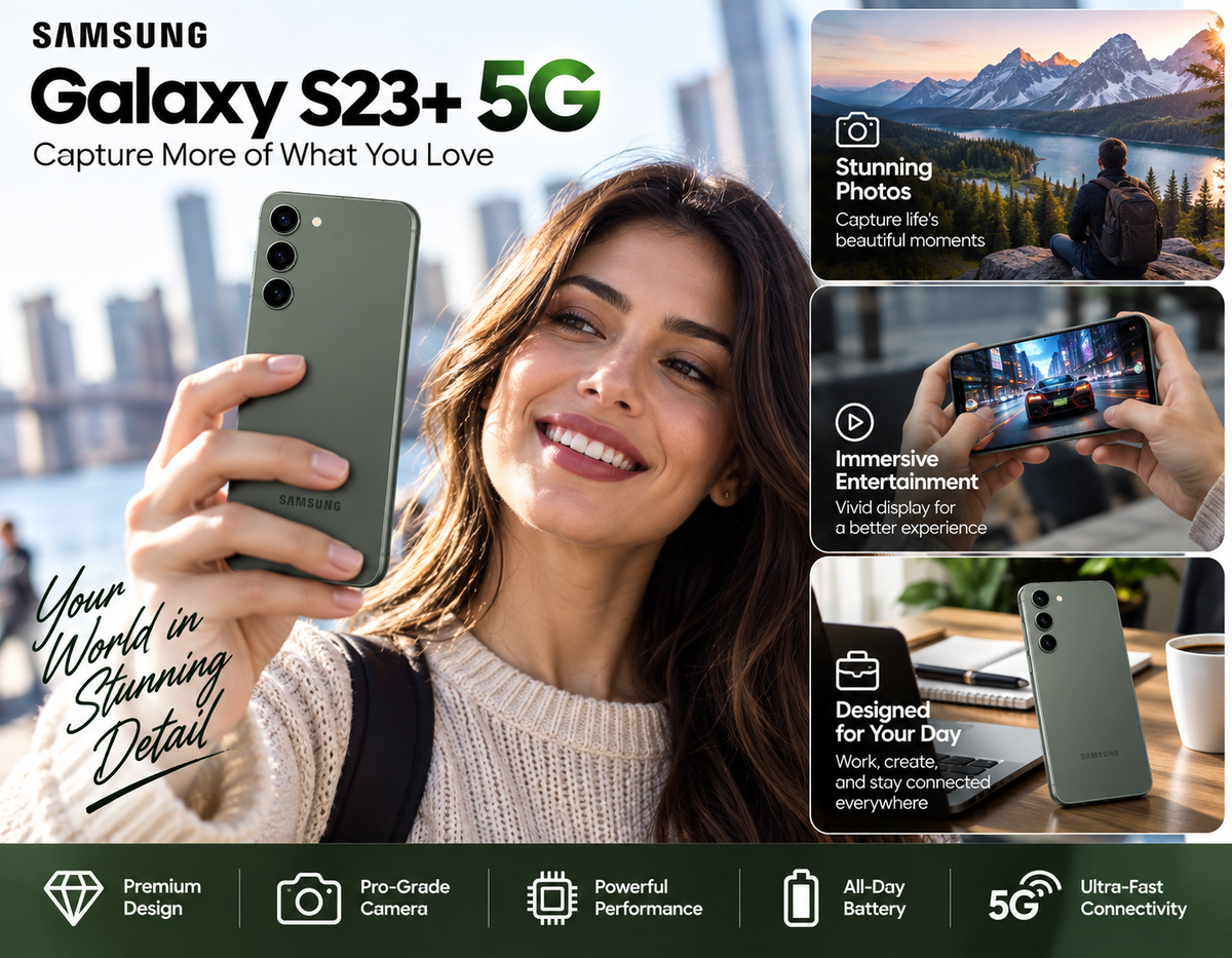 Samsung Galaxy S23+ 5G phone held up with green back and triple cameras