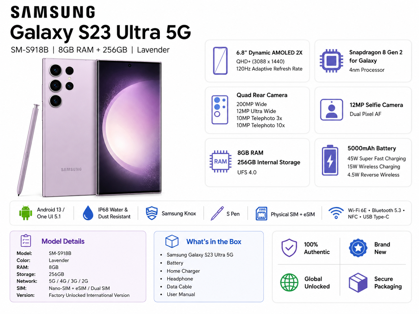 Samsung Galaxy S23 Ultra 5G smartphone in lavender, front and back with S Pen