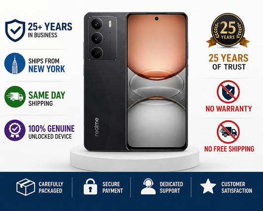 Realme C75 4G Black Realme smartphone with triple rear cameras and front display, dual-tone wallpaper