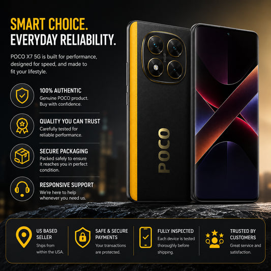Black Poco X7 5G smartphone with yellow side trim, front and back views