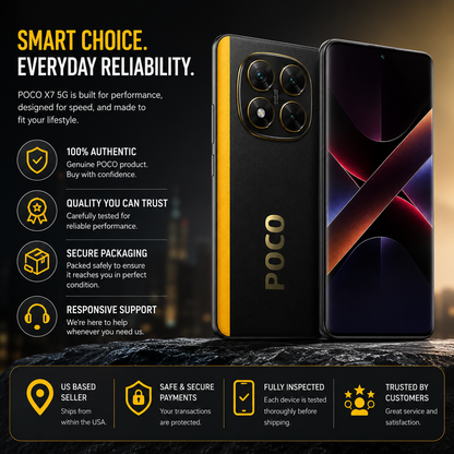 Black Poco X7 5G smartphone with yellow side trim, front and back views