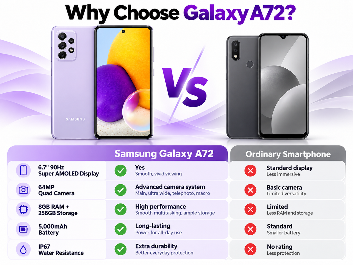 Galaxy A72 smartphone shown with front and back beside feature panels.