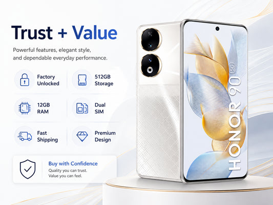 Honor 90 5G Diamond Silver smartphone front and back, dual rear cameras visible beside the screen