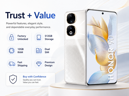 Honor 90 5G Diamond Silver smartphone front and back, dual rear cameras visible beside the screen
