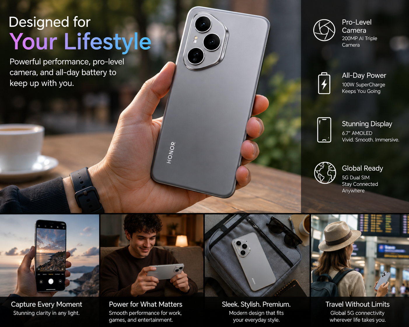 Honor 400 Pro 5G Grey smartphone held in hand, showing triple rear cameras and back finish