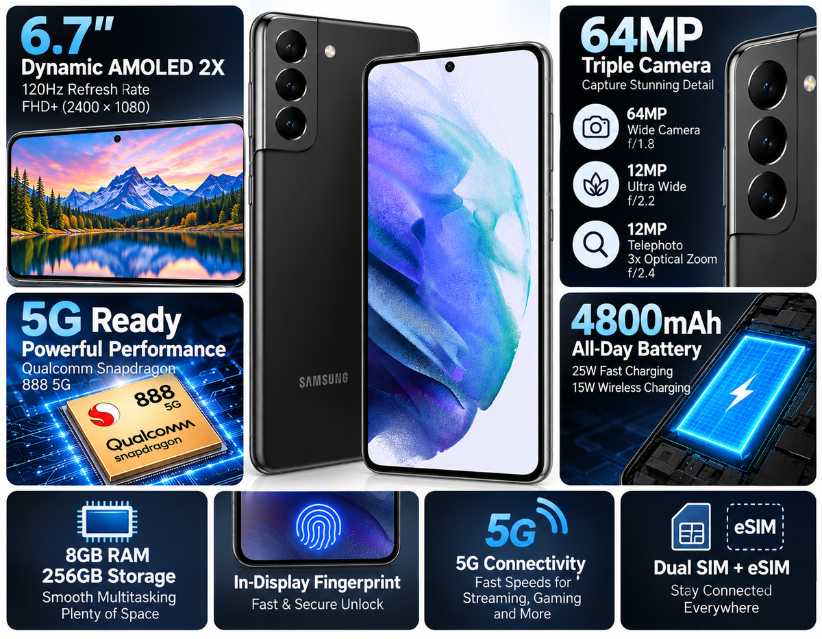 Samsung Galaxy S21 Plus smartphone showing colorful display and feature icons