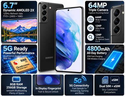 Samsung Galaxy S21 Plus smartphone showing colorful display and feature icons