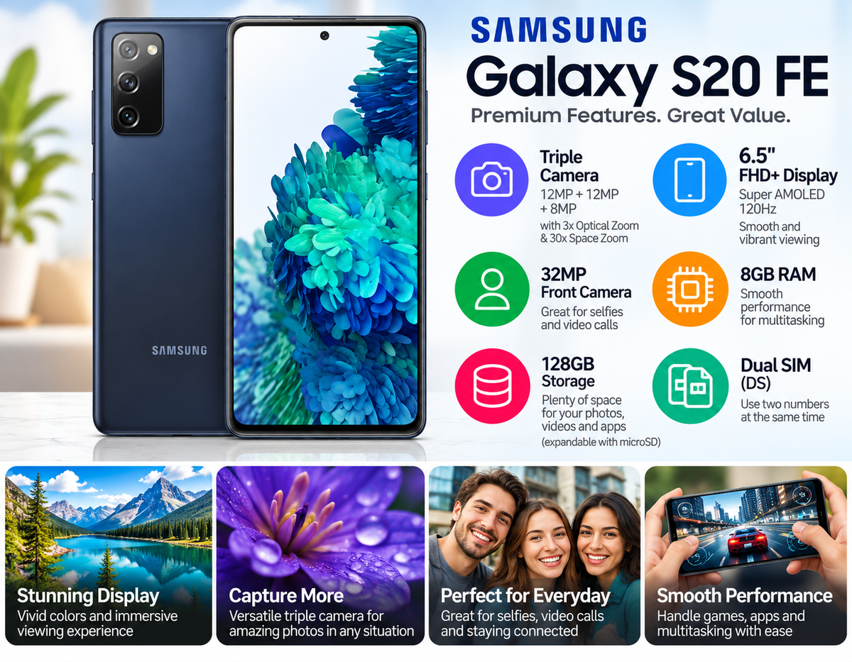 Samsung Galaxy S20 FE G780G 128GB,8GB RAM Dual Sim GSM Unlocked - Cloud Navy