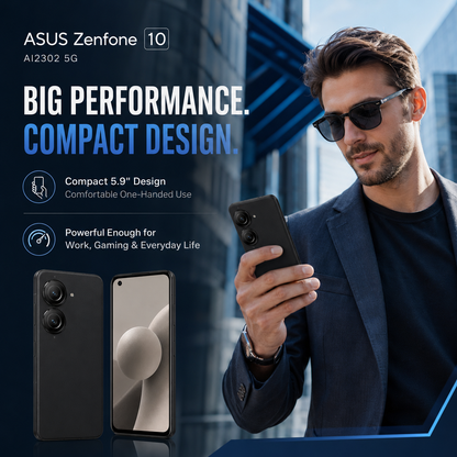 Asus Zenfone 10 AI2302 5G Black smartphone in hand with front screen on; dual camera visible on the back.