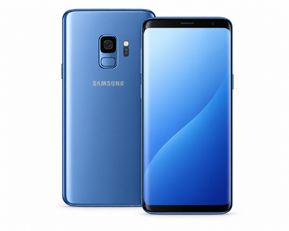 Blue Samsung Galaxy S9 smartphone, front and back views with dual camera module