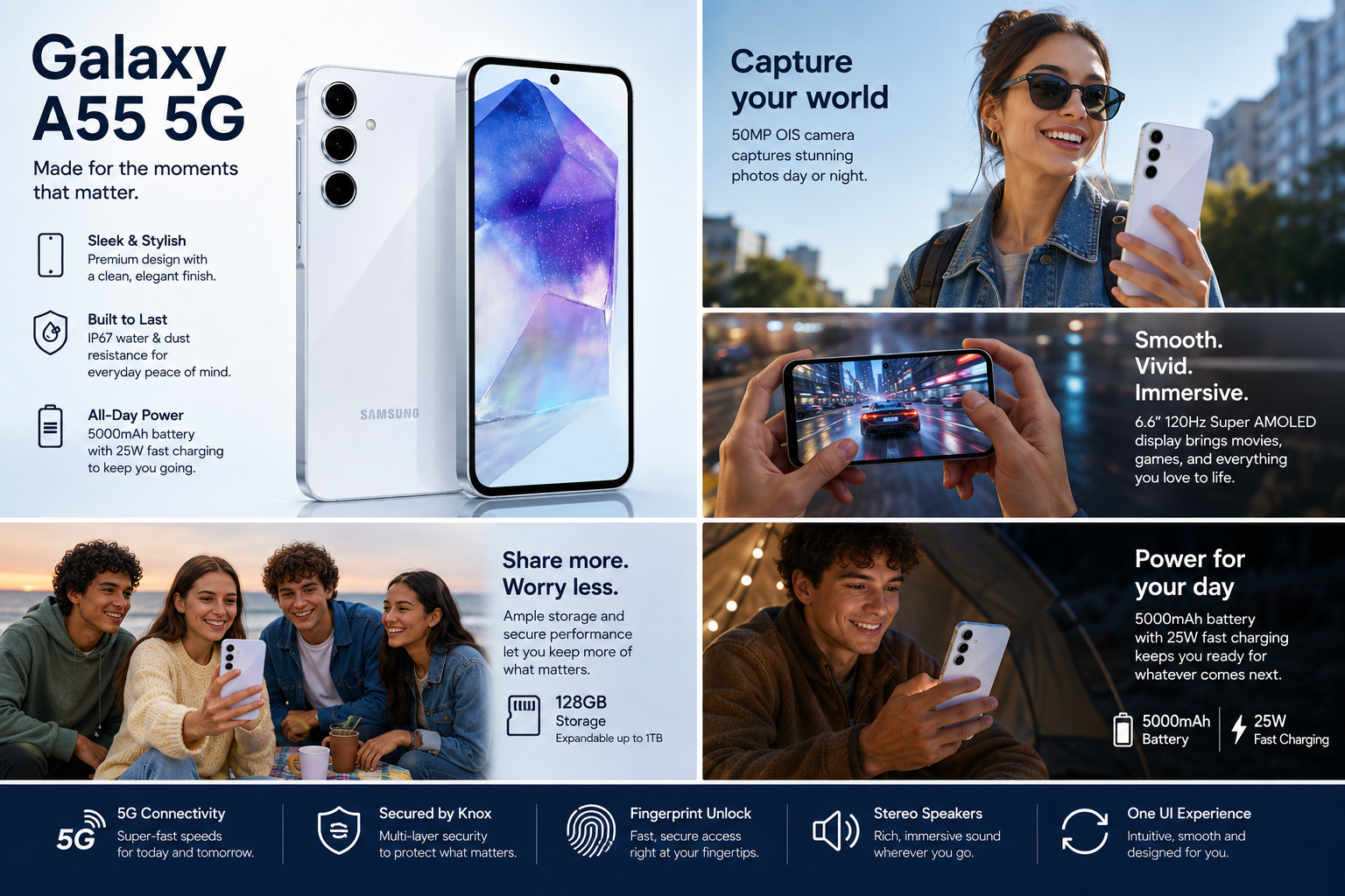 Ice blue Galaxy A55 5G smartphone held up, front screen visible