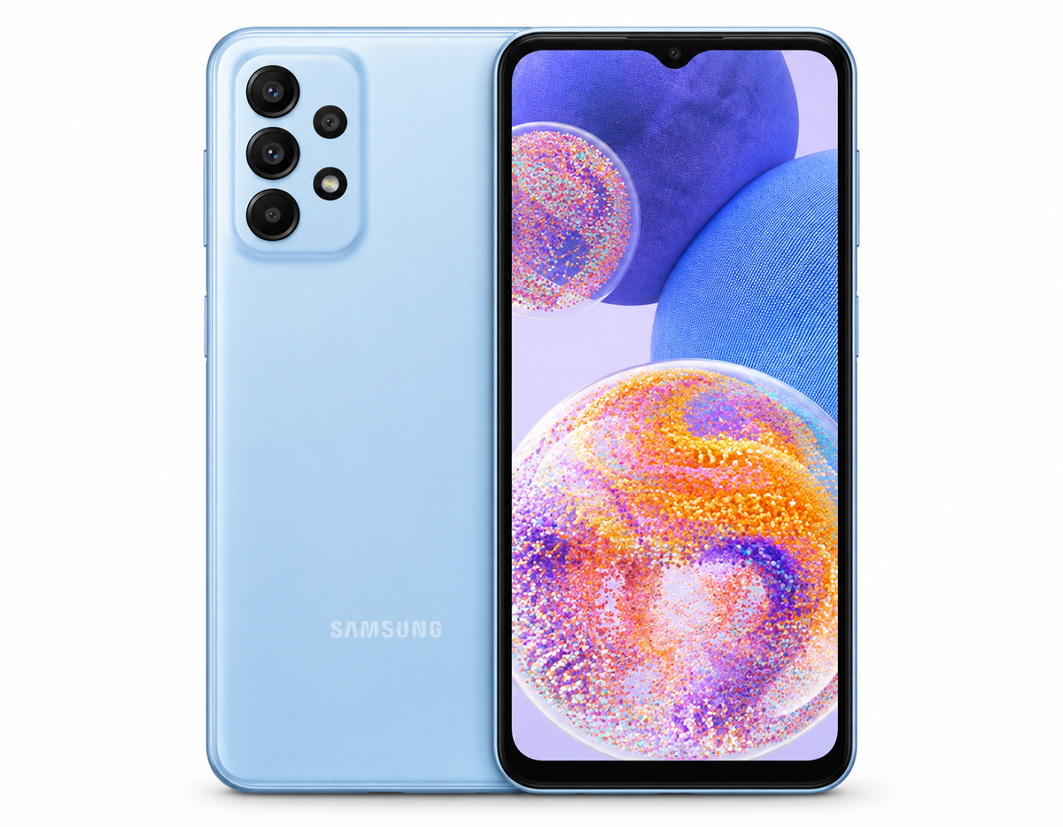 Blue Samsung Galaxy A23 dual SIM smartphone with front display and back cameras
