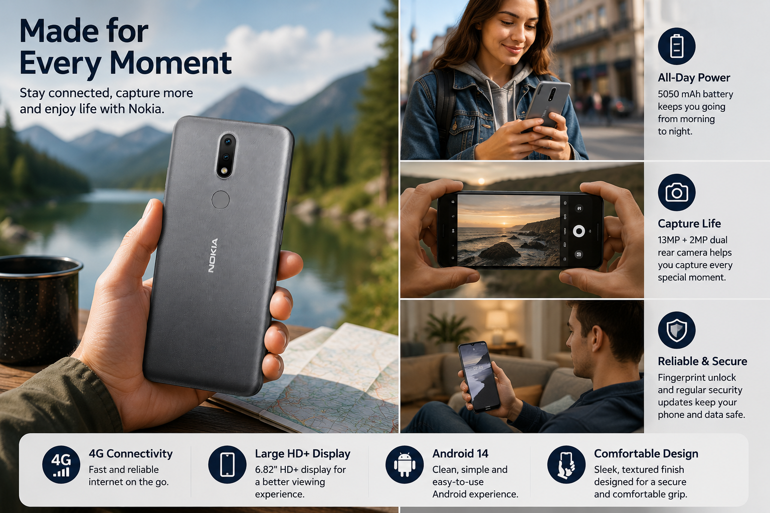 Charcoal grey Nokia 2.4 smartphone in hand, with rear camera and fingerprint sensor