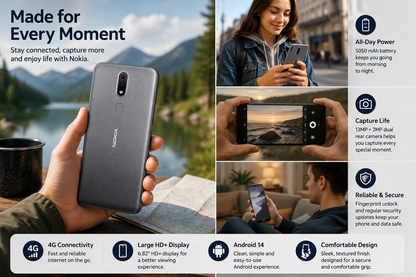Charcoal grey Nokia 2.4 smartphone in hand, with rear camera and fingerprint sensor