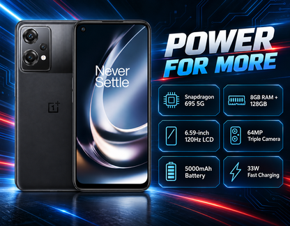 OnePlus Nord CE 2 Lite Back and front view of black OnePlus smartphone with triple cameras and Never Settle display