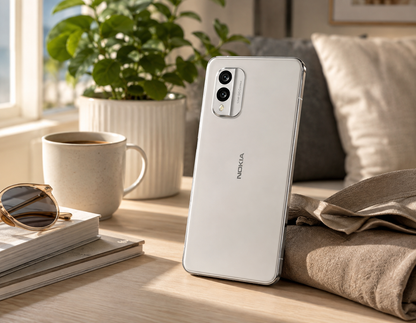 Nokia X30 5G White Nokia smartphone lying on a sofa table, rear cameras facing camera.