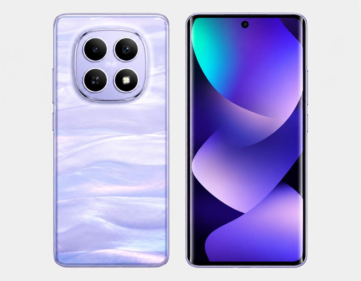 Xiaomi Redmi Note 15 5G  Purple smartphone pair shown; rear has quad camera module, front has gradient display.