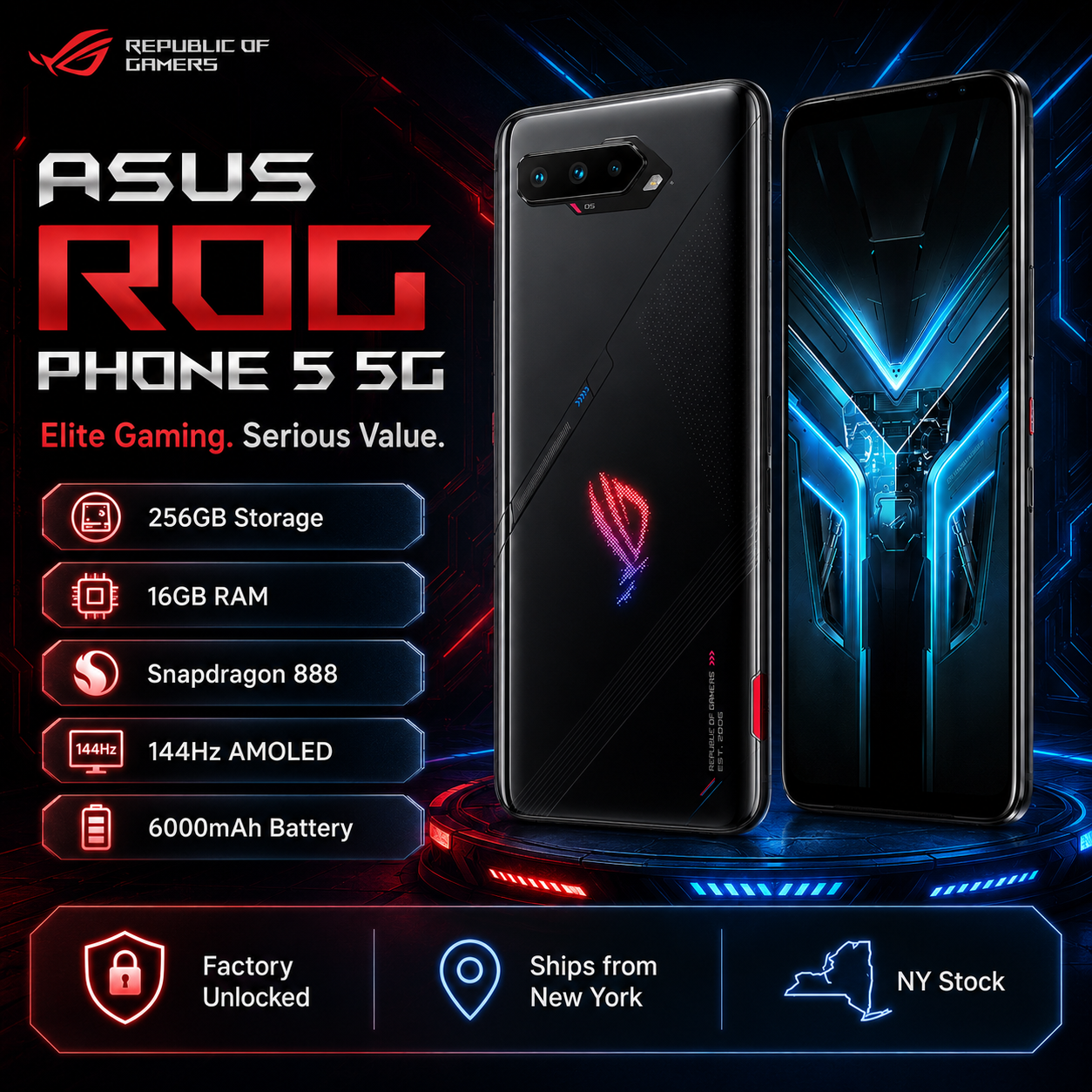 Asus ROG Phone 5 Black gaming smartphone with red logo on back and blue-lit front screen