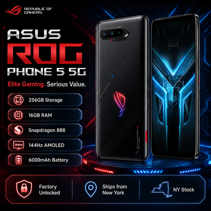 Asus ROG Phone 5 Black gaming smartphone with red logo on back and blue-lit front screen