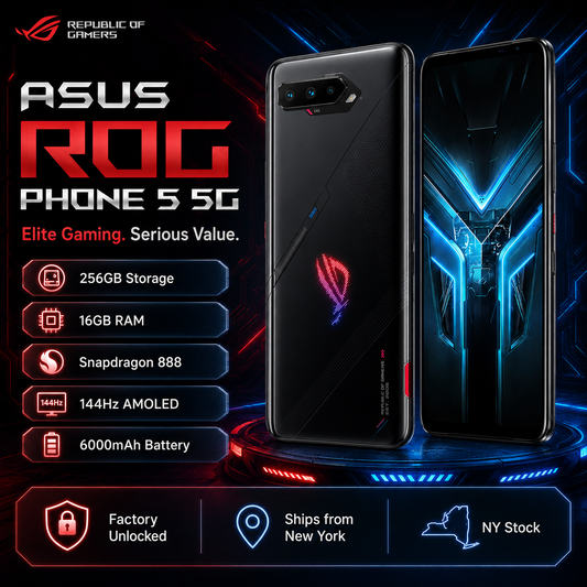 Asus ROG Phone 5 Black gaming smartphone with red logo on back and blue-lit front screen
