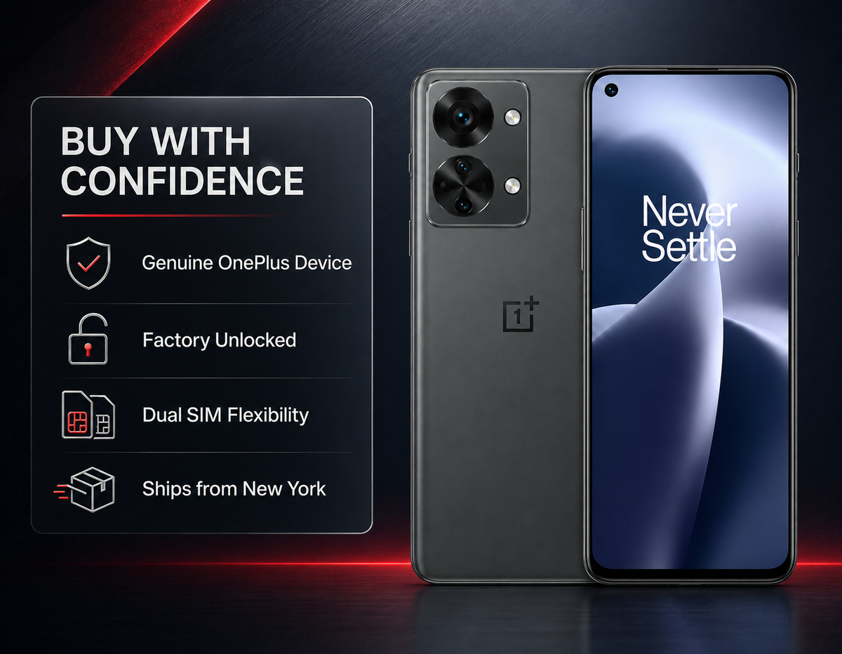 Gray OnePlus Nord 2T smartphone with front screen and rear dual camera