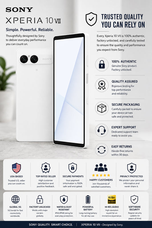 Sony Xperia 10 VII XQ-FE72 5G White trusted quality flyer with phone image and shield icons